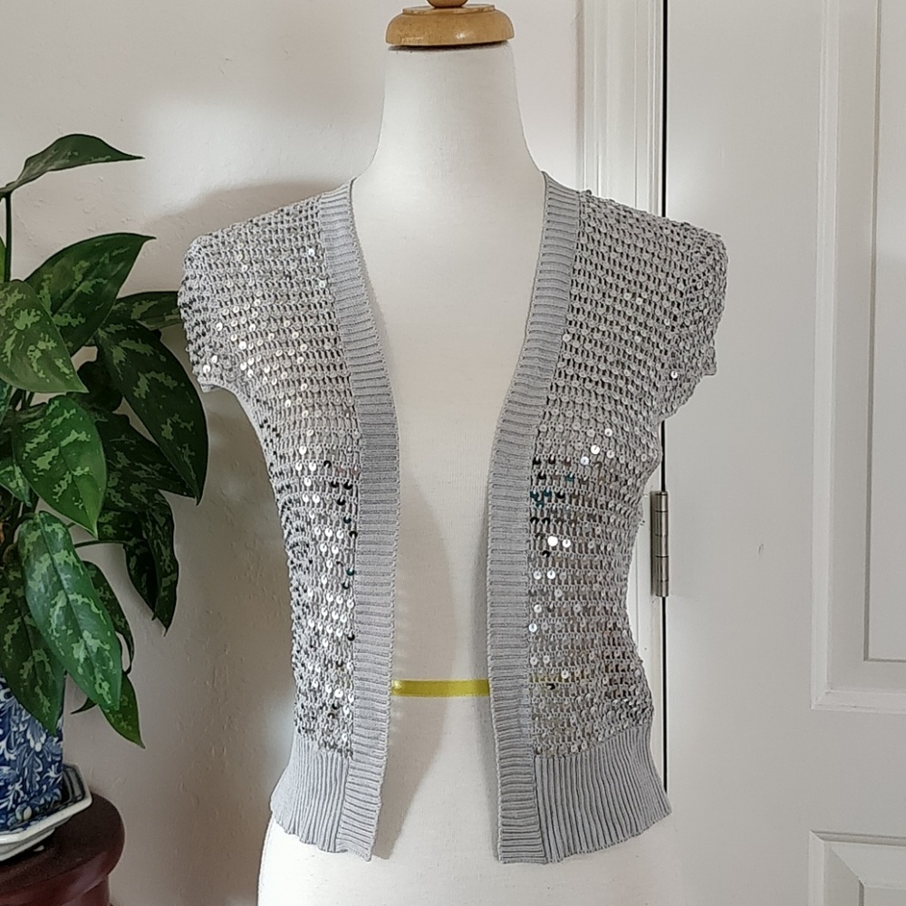 BCBG silver sequins open front silk top sz S
